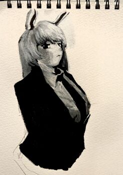 Rule 34 | 1girl, animal ears, closed mouth, collared shirt, commentary, cropped torso, expressionless, formal clothes, greyscale, highres, jitome, long hair, looking at viewer, monochrome, necktie, photo (medium), rabbit ears, rabbit girl, reisen udongein inaba, shirt, sideways glance, solo, suit, syorice big, touhou, traditional media, untranslatable commentary