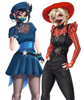 2girls absurdres belt black_hair blonde_hair bow bowtie collar earrings eyeshadow fortnite frilled_sleeves frills gloves green_eyes hair_ornament hairpin hat helsie_(fortnite) highres jewelry joni_(fortnite) long_sleeves looking_at_viewer makeup mask multiple_girls necklace pants pantyhose red_eyes short_hair skirt spikes star_(symbol) strap takie_arts white_background