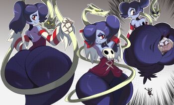 1other 2girls :3 absurdres animal_ears arms_up ass bent_over between_buttocks black_skirt blue_tank_top bob_cut cat_ears cat_girl cat_tail choker clenched_teeth closed_mouth clothes_lift colored_skin crop_top dark-skinned_female dark_skin disembodied_head dress fingerless_gloves glitchlord8391 gloves hair_over_one_eye highres huge_ass leviathan_(skullgirls) looking_at_viewer ms._fortune_(skullgirls) multiple_girls nose open_mouth red_eyes shaded_face shadow short_hair skirt skirt_lift skull skullgirls slit_pupils sports_bikini squigly_(skullgirls) standing star_(symbol) stitched_face stitches strapless strapless_dress striped_clothes sunglasses tail tank_top teeth thick_thighs thighs yellow_eyes zombie zombie_girl