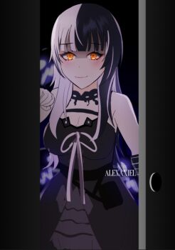 Rule 34 | 1girl, alexaniel, artist name, black arm warmers, black choker, black dress, black hair, breasts, choker, cleavage, closed mouth, dress, hololive, hololive english, large breasts, looking at viewer, multicolored hair, open door, ribbon, shiori novella, shiori novella (1st costume), solo, split-color hair, striped arm warmers, two-tone hair, virtual youtuber, white hair, white ribbon, yellow eyes