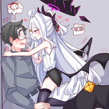 1boy 1girl absurdres ahoge black_hair black_halo black_skirt black_thighhighs blue_archive blush demon_girl demon_horns demon_wings halo highres hina_(blue_archive) horns long_hair low_wings peroronti purple_eyes sensei_(blue_archive) skirt thighhighs thighs very_long_hair white_hair wings
