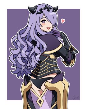 1girl absurdres armor ass black_panties blush breasts camilla_(fire_emblem) fire_emblem fire_emblem_fates from_behind garloo gloves hair_over_one_eye heart highres inktober lips long_hair medium_breasts nintendo panties purple_eyes purple_hair simple_background solo tiara underwear very_long_hair wavy_hair