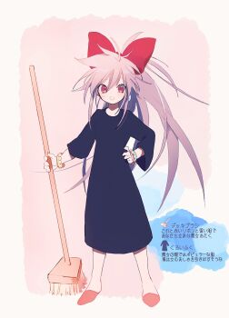 1girl absurdres arche_klein bow bracelet broom cosplay dress earrings flats hair_between_eyes hair_bow hand_on_own_hip highres holding holding_broom jewelry kiki_(majo_no_takkyuubin) kiki_(majo_no_takkyuubin)_(cosplay) long_hair looking_at_viewer majo_no_takkyuubin nancykittyu open_mouth pink_eyes pink_hair ponytail red_bow red_shoes shoes smile solo sweatdrop tales_of_(series) tales_of_phantasia wide_ponytail
