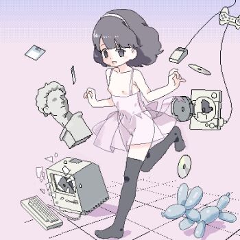 1girl apple_inc. balloon_animal black_eyes black_hair black_thighhighs breasts broken_computer bust_(sculpture) cleft_of_venus clothing_request commentary computer controller disc dithering dualshock english_commentary floating floating_object floppy_disk full_body game_console game_controller gamepad glass_shards gradient_background grid hairband jaggy_lines computer_keyboard lokulo_no_mawashimono loli looking_at_viewer lowres macintosh medium_hair computer_mouse nipples no_shoes open_mouth original pink_background playstation_1 playstation_controller pussy running see-through_clothes small_breasts smile solo thighhighs vaporwave w_arms white_hairband