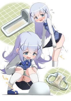 1girl anus bathroom black_skirt blue_bow blue_bowtie blue_eyes blue_hair blue_shoes blue_vest blush bow bowtie breasts censored clothes_lift gochuumon_wa_usagi_desu_ka? hair_ornament kafuu_chino kneehighs loli long_hair long_sleeves looking_down mary_janes multiple_views open_mouth panties panty_pull peeing puddle pussy relief school_uniform shirt shoes skirt skirt_lift small_breasts socks squat_toilet squatting sweat toilet toilet_use trembling udonko_(tinanago7715) underwear unworn_panties vest wet wet_clothes wet_panties wet_socks white_background white_panties white_shirt white_socks x_hair_ornament