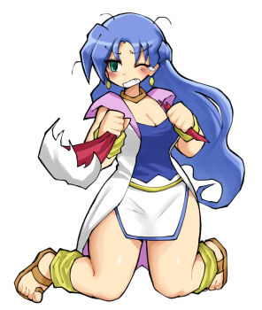 1girl ankle_cuffs belt blue_hair blue_shirt blue_trim blush breasts brown_shoes cleavage commentary_request curtained_hair earrings floating_hair gold_belt gold_necklace green_eyes grimace holding jacket jewelry kneeling knees_together_feet_apart kurokogeee large_breasts long_hair necklace object_request one_eye_closed pink_jacket puyopuyo rulue_(puyopuyo) sandals shirt shoes simple_background sleeveless sleeveless_jacket sleeveless_shirt solo tearing_up toe_ring two-sided_fabric two-sided_jacket v-shaped_eyebrows white_background white_jacket white_pelvic_curtain wrist_cuffs yellow_wrist_cuffs