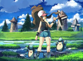 1girl bad_id bad_twitter_id baseball_cap black_vest brown_hair cloud commentary_request day denim denim_shorts floating_hair gen_5_pokemon grass hand_up hat hilda_(pokemon) long_hair looking_back looking_down nintendo open_mouth outdoors palpitoad pokemon pokemon_(creature) pokemon_bw rowdon shorts sidelocks sky standing tongue tree vest water windmill wristband