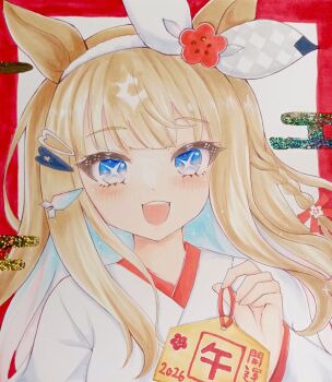 Rule 34 | 1girl, :d, almond eye (umamusume), animal ears, blue eyes, blue hair, blush, braid, brown hair, commentary request, egasumi, ema, hair ribbon, hairband, hand up, holding, horse ears, japanese clothes, kimono, long sleeves, looking at viewer, multicolored hair, open mouth, ribbon, shikishi, smile, solo, terimuku, traditional media, two-tone hair, umamusume, upper body, white hairband, white kimono, white ribbon, wide sleeves