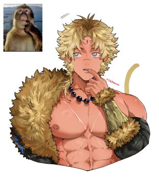 Rule 34 | abs, bead necklace, beads, blonde hair, cross scar, da jins rins, drooling, facial mark, finger to mouth, fur-trimmed sleeves, fur trim, hair intakes, highres, jewelry, large pectorals, medium hair, meme, monkey boy, monkey thinking (meme), mouth drool, multicolored eyes, necklace, nipples, original, parted lips, pectorals, reference inset, scar, scar on chest, signature, solo, tan, toned, toned male, two-tone eyes, upper body, white background