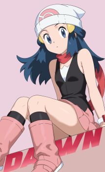absurdres beanie black_shirt blue_eyes blue_hair boots closed_mouth dawn_(pokemon) expressionless hat highres long_hair looking_at_viewer matching_hair/eyes nintendo oxidel pink_background pink_boots pink_skirt pokemon pokemon_dppt red_scarf scarf shirt sitting skirt sleeveless sleeveless_shirt solo thighs white_hat