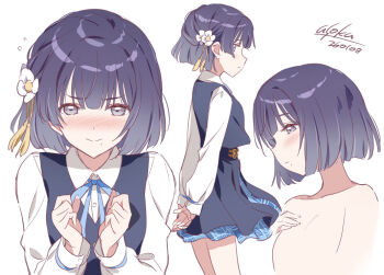 1girl arms_behind_back asoka blue_ribbon blue_skirt blue_vest blush closed_mouth collared_shirt commentary_request dated flower from_side gakuen_idolmaster hair_flower hair_ornament hands_up hataya_misuzu hatsuboshi_gakuen_school_uniform idolmaster long_sleeves looking_at_viewer mole mole_under_mouth multiple_views neck_ribbon no_nipples nose_blush purple_hair ribbon school_uniform shirt short_hair signature simple_background skirt tassel tassel_hair_ornament vest white_background white_shirt