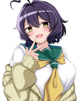 Rule 34 | 1girl, ahoge, blush, breasts, cardigan, cardigan partially removed, commentary request, double-parted bangs, fang, green sailor collar, hair between eyes, hand up, heart, heart ahoge, highres, hiiragi utena, large breasts, long sleeves, looking at viewer, mahou shoujo ni akogarete, namako muri, neckerchief, open mouth, purple hair, raised inner eyebrows, sailor collar, shirt, short hair, simple background, sleeves past wrists, smile, solo, upper body, w, white background, white shirt, yellow cardigan, yellow eyes, yellow neckerchief