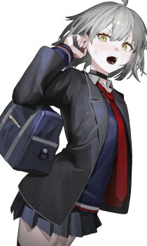 1girl absurdres ahoge basasyu breasts commentary_request fate/grand_order fate_(series) highres jeanne_d&#039;arc_alter_(fate) large_breasts long_sleeves looking_at_viewer open_mouth pseudo-tokyo_school_uniform school_uniform short_hair skirt solo