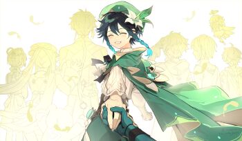 3girls 6+boys aether_(genshin_impact) ahoge ascot beret black_bow black_bowtie black_hair blue_hair blush bow bowtie braid brooch cape chinese_commentary chongyun_(genshin_impact) cloak closed_eyes collared_cape collared_shirt corset earrings falling_feathers feathers fingerless_gloves flower frilled_sleeves frills from_behind gem genshin_impact gloves gradient_hair green_cape green_hat green_shorts grin guoba_(genshin_impact) hair_between_eyes hair_flower hair_ornament halo hat highres holding holding_hands hood hood_down hood_up hooded_cloak hu_tao_(genshin_impact) implied_yaoi jewelry kayu_(yukagoin) leaf long_hair long_sleeves low_ponytail male_focus multicolored_hair multiple_boys multiple_girls out_of_frame paimon_(genshin_impact) ponytail pov pov_hands ribbon shirt short_hair short_hair_with_long_locks shorts side_braids sidelocks simple_background single_earring smile solo_focus tassel twin_braids twintails two-tone_hair venti_(genshin_impact) vision_(genshin_impact) white_ascot white_background white_flower white_shirt xiangling_(genshin_impact) xiao_(genshin_impact) xingqiu_(genshin_impact) zhongli_(genshin_impact)