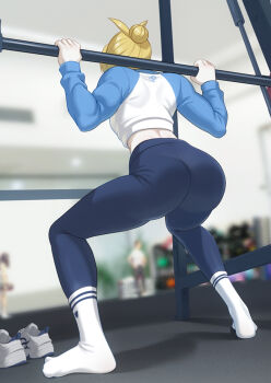 1girl ass barbell blonde_hair blue_leggings blue_shirt blurry blurry_background depth_of_field exercising from_behind from_below full_body ghhoward gym hair_bun highres leggings no_shoes original shirt shoes short_hair sneakers socks solo_focus sportswear squat_(exercise) toned toned_female two-tone_shirt unworn_shoes white_shirt white_socks