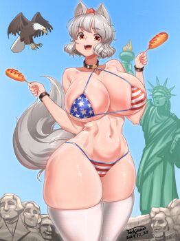 american_flag american_flag_bikini american_flag_print animal_ears bald_eagle bikini bird breasts collar corn_dog dated eagle flag_print flag_print_bikini hat inubashiri_momiji mount_rushmore navel open_mouth print_bikini red_eyes signature statue_of_liberty swimsuit tail thighhighs thighs tochinoco tokin_hat touhou white_hair wolf_ears wolf_girl wolf_tail