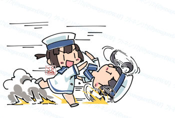 2girls artist_logo blue_sailor_collar bob_cut daitou_(kancolle) dated dress full_body hat kantai_collection kutone_shirika logo multiple_girls ponytail rolling running sailor_collar sailor_dress sailor_hat short_ponytail shounan_(kancolle) twintails white_dress white_hat |_|