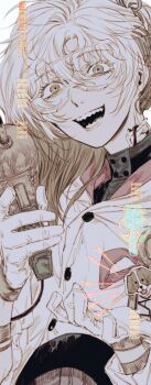 Rule 34 | 1other, :d, brown hair, coat, gloves, goggles, gun, gyujik qzc, hand up, highres, holding, holding gun, holding weapon, looking at viewer, medicine pocket, medium hair, multicolored hair, open mouth, reverse:1999, sharp teeth, smile, solo, streaked hair, teeth, upper body, weapon, white coat, white gloves, white hair, yellow eyes