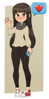 1girl addie_mcallister black_hair black_leggings blush cellphone green_eyes grey_background grey_sweater heart highres holding holding_phone leggings long_hair long_sleeves looking_at_viewer phone red_shoes rukisan(pixiv) shoes smartphone smile sneakers speech_bubble spoken_heart standing sweater the_emoji_movie waving
