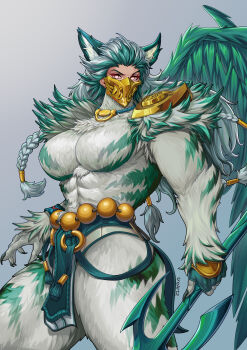 1girl abs absurdres angela_(marvel) angela_(odin&#039;s_beautiful_daughter)_(marvel) animal_ears aqua_gloves aqua_loincloth aqua_wings armor blue_background braid breasts commentary covered_abs cowboy_shot english_commentary feathered_wings fingerless_gloves fingernails gloves gold_mask green_fur green_hair highres holding holding_polearm holding_weapon large_breasts long_hair looking_at_viewer low-tied_long_hair marvel marvel_rivals mask mouth_mask multicolored_fur multicolored_hair muscular muscular_female official_alternate_costume pauldrons pelvic_curtain pink_eyes polearm sharp_fingernails shoulder_armor single_pauldron single_wing solo thor_(marvel)_(series) tiger_ears tiger_girl tiger_stripes tre_artz weapon white_fur white_hair wings