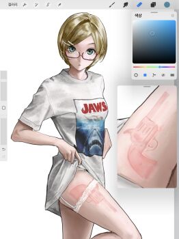 1girl animal_print art_program_in_frame bingi breasts brown_hair clothes_lift garter_straps glasses green_eyes gun_print hair_ornament hairclip highres imprinted_skin jaws_(movie) knee_up lifting_own_clothes looking_at_viewer movie_poster_(object) no_pants original parted_bangs print_shirt procreate_(software) red-framed_eyewear semi-rimless_eyewear shark shirt shirt_hold shirt_lift short_hair short_sleeves simple_background skin_tight small_breasts solo t-shirt thigh_strap under-rim_eyewear white_background white_shirt