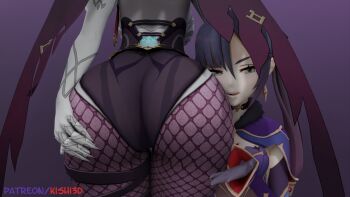 2girls 3d ass ass_focus ass_grab breasts claws detached_sleeves fishnet_pantyhose fishnets from_behind genshin_impact gloves green_eyes habit hair_ribbon head_out_of_frame highres huge_ass kishi3d leotard long_hair looking_at_viewer mona_(genshin_impact) multiple_girls pale_skin pantyhose purple_hair ribbon rosaria_(genshin_impact) smile thigh_strap twintails very_long_hair