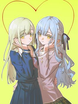 2girls absurdres artist_request bang_dream! bang_dream!_it's_mygo!!!!! black_ribbon blazer blue_hair blue_serafuku blue_shirt blue_skirt chinese_commentary closed_mouth commentary_request commission cowboy_shot green_background grey_jacket grey_neckerchief hair_ribbon hand_on_another's_waist hand_on_own_cheek hand_on_own_face hand_up haneoka_school_uniform heart highres jacket long_hair long_sleeves looking_at_viewer multiple_girls neckerchief plaid_clothes plaid_skirt pleated_skirt ribbon sailor_collar school_uniform second-party_source serafuku shirt sidelocks skirt togawa_sakiko tsukinomori_school_uniform two_side_up wakaba_mutsumi winter_uniform yellow_eyes yuri