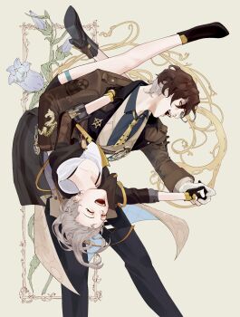 1girl absurdres black_boots black_gloves black_jacket black_pants black_shirt black_skirt blue_flower blue_tulip boots brown_hair brown_jacket chain closed_eyes collarbone collared_shirt commentary dancing english_commentary floral_background flower formal_clothes gears gloves gold_chain grey_hair hair_between_eyes happy hetero high_heel_boots high_heels highres holding_hands honkai:_star_rail honkai_(series) jacket lapels legs_up long_hair long_sleeves looking_at_another looking_down miniskirt mr._reca_(honkai:_star_rail) multicolored_hair necktie open_clothes open_jacket open_mouth pants pocket_watch red_eyes shirt short_hair skirt smile standing stelle_(honkai:_star_rail) t-shirt teeth thigh_strap tongue trailblazer_(honkai:_star_rail) tulip two-tone_hair vest watch white_gloves white_shirt white_vest whitesilk yellow_background yellow_necktie