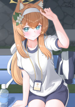 1girl absurdres ahoge animal_ears artist_name bench blue_archive blue_eyes blurry blurry_background blush bottle breasts cat_ears collarbone commentary_request gamel_120 grass hair_between_eyes hair_ornament halo highres id_card looking_at_viewer mari_(blue_archive) mari_(track)_(blue_archive) official_alternate_costume orange_hair smile solo sweat towel water_bottle