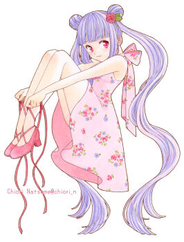 1girl breasts chiori_n colored_pencil_(medium) commentary_request double_bun dress floral_print flower full_body hair_bun hair_flower hair_ornament high_heels highres knees_up light_smile long_hair looking_at_viewer original purple_hair red_eyes rose small_breasts solo traditional_media twintails untied_shoelaces very_long_hair