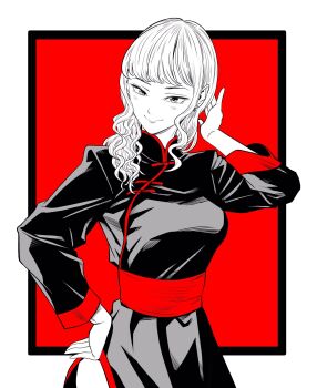 1girl breasts china_dress chinese_clothes commentary_request dress greyscale_with_colored_background hand_on_own_hip highres large_breasts lee_(dragon_garou) long_sleeves medium_hair original red_background side_slit smile solo spot_color upper_body wavy_hair