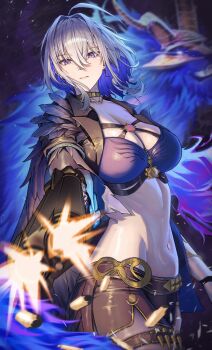 1girl absurdres aiming aiming_at_viewer black_jacket black_shorts black_wings blue_bra blue_hair bra breasts chco chimera_(wuthering_waves) cleavage closed_mouth collarbone colored_inner_hair commentary cowboy_shot cropped_jacket earrings feathered_wings firing galbrena_(wuthering_waves) gold_choker grey_hair gun hair_between_eyes highres holding holding_gun holding_weapon jacket jewelry large_breasts looking_at_viewer medium_hair mole mole_on_neck multicolored_hair navel purple_eyes shorts single_wing solo_focus stomach tacet_discord_(wuthering_waves) underwear weapon wings wuthering_waves