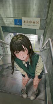 1girl absurdres black_hair black_skirt brown_eyes commentary_request green_vest hands_on_own_knees highres hime_cut leaning_forward long_hair looking_at_viewer looking_up mole mole_on_cheek on_stairs original parted_lips pleated_skirt scenery school_uniform shoes skirt socks solo stairs standing subway_station user_vvdr2237 vest white_shoes white_socks