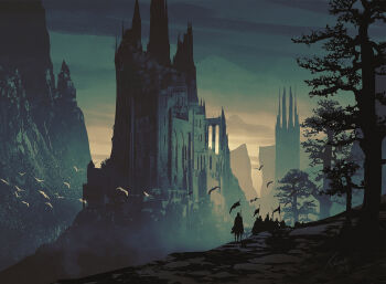 banner castle commentary english_commentary flock grey_sky highres horseback_riding landscape medieval mountain night original outdoors painterly people raphael-lacoste riding scenery shadowed signature sky tower tree