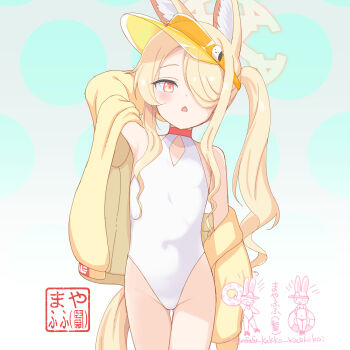 1girl absurdres animal_ear_fluff animal_ears arm_behind_head arm_up armpits blonde_hair blue_archive blush breasts casual_one-piece_swimsuit choker collarbone commentary_request covered_navel cowboy_shot extra_ears flat_chest fox_ears fox_girl fox_tail gluteal_fold gradient_background grey_background groin hair_over_one_eye halo highleg highleg_one-piece_swimsuit highres jacket long_hair long_sleeves looking_at_viewer mayafufu off_shoulder official_alternate_costume official_alternate_hairstyle one-piece_swimsuit open_clothes open_jacket open_mouth parted_lips red_choker red_eyes seia_(blue_archive) seia_(swimsuit)_(blue_archive) side_ponytail sidelocks simple_background small_breasts solo sunglasses swimsuit tail thigh_gap twintails visor_cap white_background white_one-piece_swimsuit yellow_halo yellow_jacket