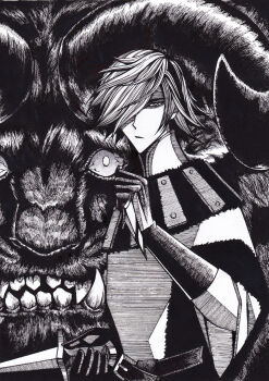 2boys berserk black_gloves black_hair blood bloody_weapon coat commentary crossover english_commentary fighting_stance fur_trim gloves hair_over_one_eye high_collar highres holding holding_knife holding_weapon horns knife kuji_mitsuhisa_(style) looking_at_viewer maskedpeach miura_kentarou_(style) monochrome monster multicolored_hair multiple_boys parted_lips shaded_face sharp_teeth short_hair teeth traditional_media two-tone_hair upper_body weapon white_coat white_hair wolfram_(wolfsmund) wolfsmund zodd_(berserk)