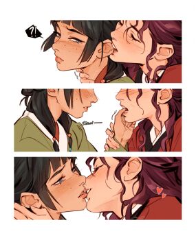 !? 2girls biting biting_another&#039;s_lip biting_ear blue_eyes blush commentary english_commentary finger_in_another&#039;s_mouth freckles green_hair green_kimono heart japanese_clothes kimono kiss kusuriya_no_hitorigoto lesly_oh long_hair maomao_(kusuriya_no_hitorigoto) multiple_girls purple_hair red_kimono shisui_(kusuriya_no_hitorigoto) simple_background spoken_interrobang white_background yuri