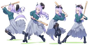 1girl absurdres animal_ears black_footwear black_headwear boots bow brown_pantyhose closed_mouth ear_bow green_shirt grey_skirt high_heel_boots high_heels highres horse_ears horse_girl horse_tail long_hair long_sleeves mejiro_mcqueen_(umamusume) motion_blur multiple_views nature nishiki_kazue open_mouth pantyhose purple_eyes sequential shirt shirt_tucked_in sideways_mouth simple_background skirt standing standing_on_one_leg tail thighband_pantyhose umamusume v-neck v-shaped_eyebrows white_background