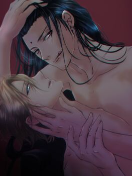 2boys bindi black_hair blonde_hair blue_eyes collarbone earrings eyelashes final_fantasy final_fantasy_vii final_fantasy_vii_remake hand_on_another's_arm hand_on_another's_cheek hand_on_another's_face hand_on_own_head highres jewelry licking licking_lips looking_at_viewer male_focus multiple_boys ponco_pacoooon red_eyes rufus_shinra short_hair square_enix tongue tongue_out tseng turks_(ff7) yaoi