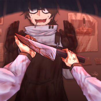 1boy 1girl :d absurdres against_wall alternate_costume anger_vein angry apron artist_name beard_stubble black-framed_eyewear black-framed_glasses black_hair blood blood_on_cheek blood_on_clothes blood_on_face blood_on_hands blood_splatter blood_stain bloody_weapon blurry brown_apron brown_gloves brown_hair cigarette elbow_gloves facial_hair facing_viewer food glasses gloves gregor_(project_moon) guro hair_between_eyes half-closed_eyes hands_up head_out_of_frame highres holding holding_knife holding_weapon indoors jacket kitchen_knife knife limbus_company long_hair long_sleeves looking_at_viewer low_ponytail male_focus mouth_hold nervous_sweating official_alternate_costume open_hand open_mouth out_of_frame paper parted_bangs photoshop_(medium) pie ponytail poster_(object) pov pov_hands project_moon r.b._(identity)_(project_moon) ryoshu_(project_moon) scared semi-rimless_eyewear shirt short_hair signature simple_background smile smoking solo_focus standing straight-on stubble sweat sweatdrop turtleneck turtleneck_shirt under-rim_eyewear upper_body wavy_mouth weapon white_jacket white_shirt