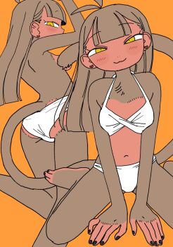 animal_ears ass bikini breasts brown_fur brown_hair commentary_request dual_persona ear_piercing furry furry_female ikuta_semi looking_at_viewer monkey monkey_ears monkey_girl monkey_tail navel original piercing sitting small_breasts swimsuit tail wariza white_bikini yellow_background yellow_eyes