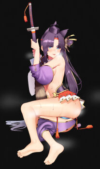 1girl absurdres armor asymmetrical_clothes asymmetrical_sleeves black_background blue_panties breast_curtains fate/grand_order fate_(series) feather_hair_ornament feathers hair_ornament hat highres japanese_armor katana kusazuri looking_at_viewer migu_(iws2525) mismatched_sleeves panties pom_pom_(clothes) purple_sleeves revealing_clothes shoulder_armor side_ponytail single_pantsleg sode solo sword tate_eboshi underwear ushiwakamaru_(fate) ushiwakamaru_(second_ascension)_(fate) weapon white_sleeves