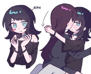 Rule 34 | 2girls, arms around neck, bang dream!, bang dream! it's mygo!!!!!, black hair, black shirt, blue choker, blue eyes, blush, brown hair, choker, closed mouth, cuffs, handcuffs, highres, long hair, multiple girls, shiina taki, shirt, simple background, sitting, sitting on lap, sitting on person, smile, translation request, white background, yahata umiri, yuri, zerozz0oo