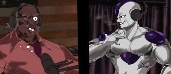 2boys absurdres american_flag buttons cigar crossover curtains dark_skin dragon_ball dragonball_z final_form_frieza frieza grey_hair headphones highres interview joe_rogan microphone multiple_boys parody podcast red_shirt shirt smoking tagme the_boondocks ugly ugly_bastard uncle_ruckus venommoe