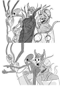 4others absurdres bisected commentary_request cyborg elder_(project_moon) gaijin_4koma_(meme) greyscale harasi highres horns limbus_company meme monochrome multiple_others project_moon severed_arm severed_limb simple_background spoilers tagme tree white_background