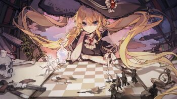 1girl belt book candle chessboard clock environment globe gun handgun highres horse kirisame_marisa library looking_at_viewer polearm potion revolver skull smoke soldiers spear touhou weapon