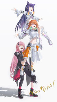 3girls absurdres black_jacket black_pants blunt_bangs breasts colored_inner_hair cropped_jacket earrings fang feather_earrings feathers gradient_hair green_hair highres hololive hololive_english holomyth incredibly_absurdres jacket jewelry massiveyog medium_breasts mori_calliope multicolored_hair multiple_girls navel ninomae_ina&#039;nis open_mouth orange_hair outstretched_arms pants pink_eyes pink_hair pointy_ears purple_hair shadow small_breasts takanashi_kiara teeth tentacle_hair virtual_youtuber white_background white_jacket white_pants