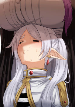 black_coat capelet coat commentary earrings elf english_commentary fern_(sousou_no_frieren) floating_earrings frieren highres jewelry meme ophis_(scaith) pointy_ears purple_hair sousou_no_frieren teardrop_earrings twintails upward_angle_frieren_drawing_(meme) white_capelet