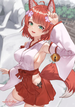 1girl :d ahoge animal_ear_fluff animal_ears arm_up armpits arpeggio_kaga bell black_ribbon blush breasts clothing_cutout copyright_request day detached_sleeves flower fox_ears fox_girl fox_tail green_eyes hair_flower hair_ornament hakama highres hip_vent japanese_clothes jingle_bell kimono leg_up long_sleeves looking_at_viewer medium_breasts miko open_mouth outdoors panties panty_peek pink_flower red_hair red_hakama ribbon short_hair side-tie_panties sideboob signature smile solo standing standing_on_one_leg statue tail thighhighs underwear white_kimono white_thighhighs zettai_ryouiki
