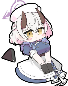 1girl :o apron black_gloves blue_archive blue_dress blush_stickers breasts brown_eyes chibi dress gloves grey_hair hair_between_eyes halo hat horns large_breasts miranofuudoria nurse nurse_cap own_hands_together parted_lips puffy_short_sleeves puffy_sleeves sena_(blue_archive) short_sleeves simple_background solo white_apron white_background white_hat